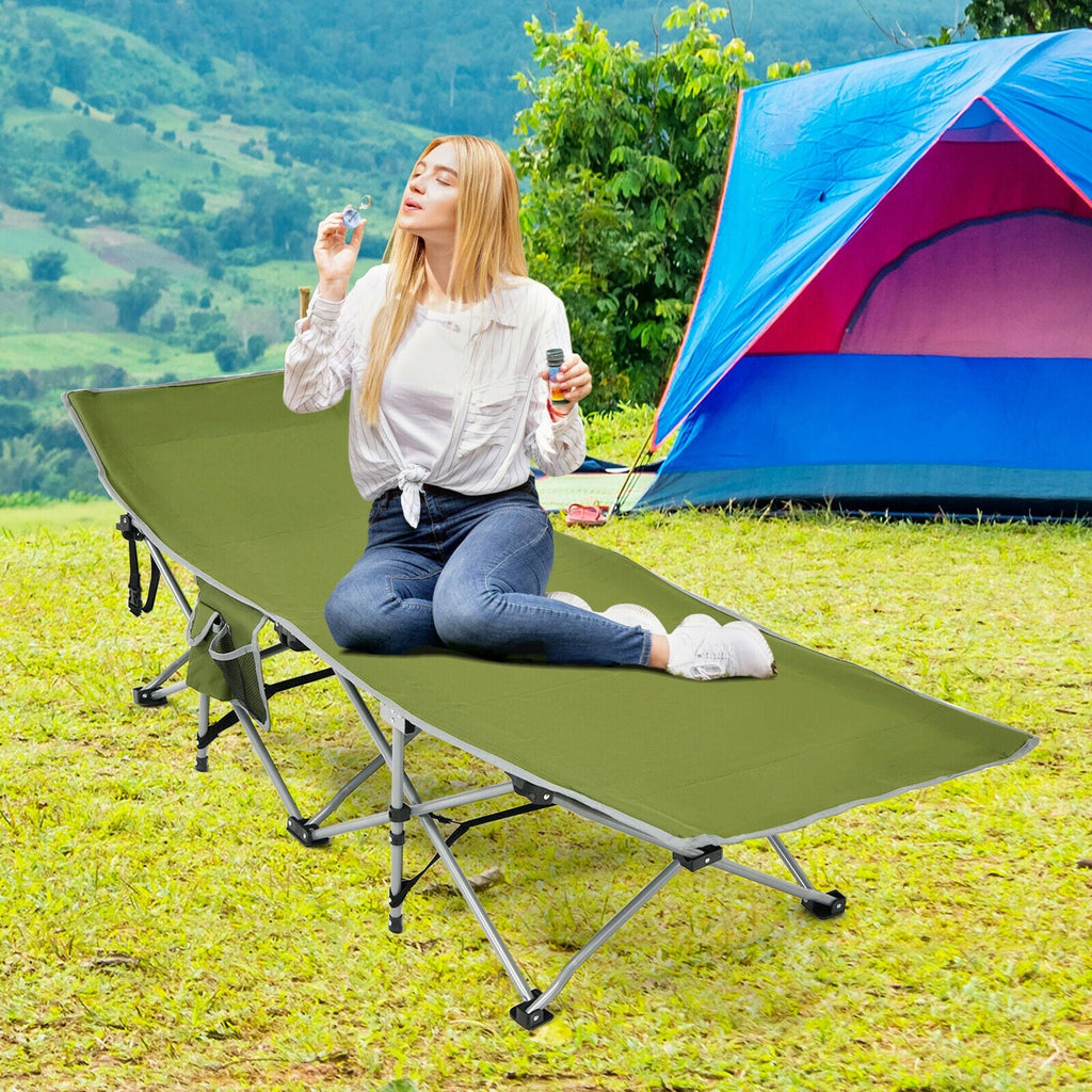 Folding Camping Cot with Side Storage Pocket Detachable Headrest