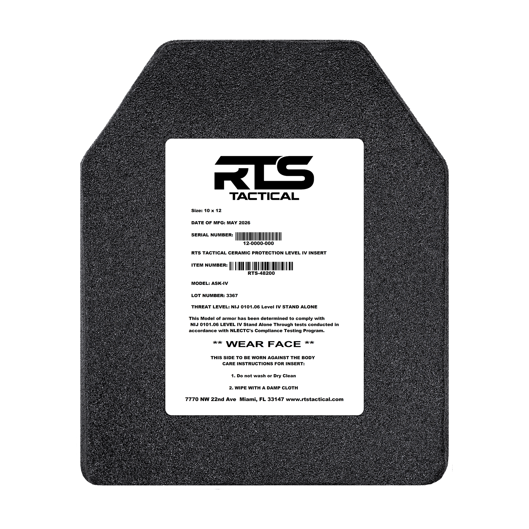 RTS Tactical Ceramic NIJ 0101.06 Level IV Rifle Protection Plate Insert - 10 X 12