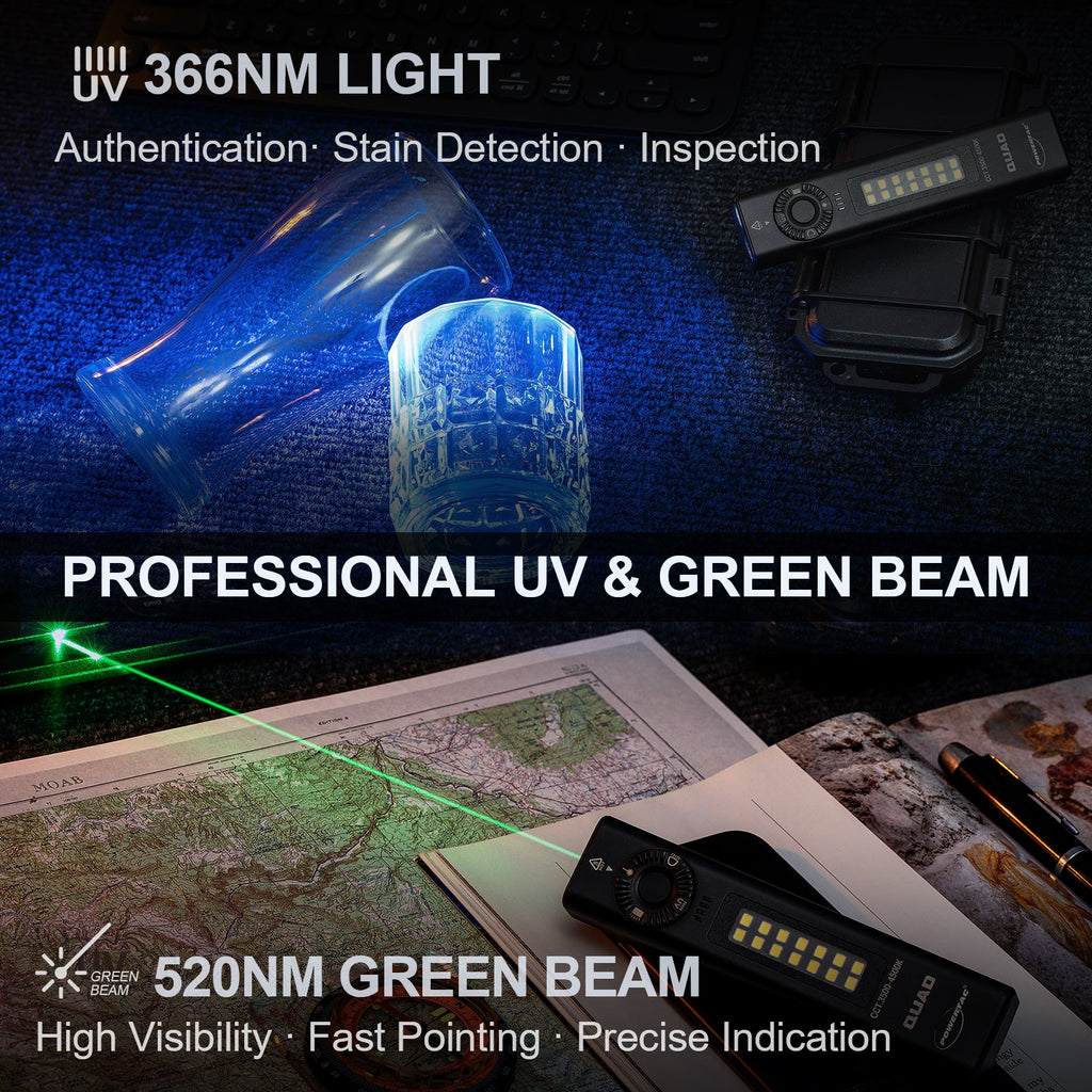POWERTAC QUAD 2000 Lumen Flashlight | 4-in-1 Flat Design | USB-C Rechargeable | Green Laser + UV + Warm Side Light | Brightest Multi-Beam Tactical Light
