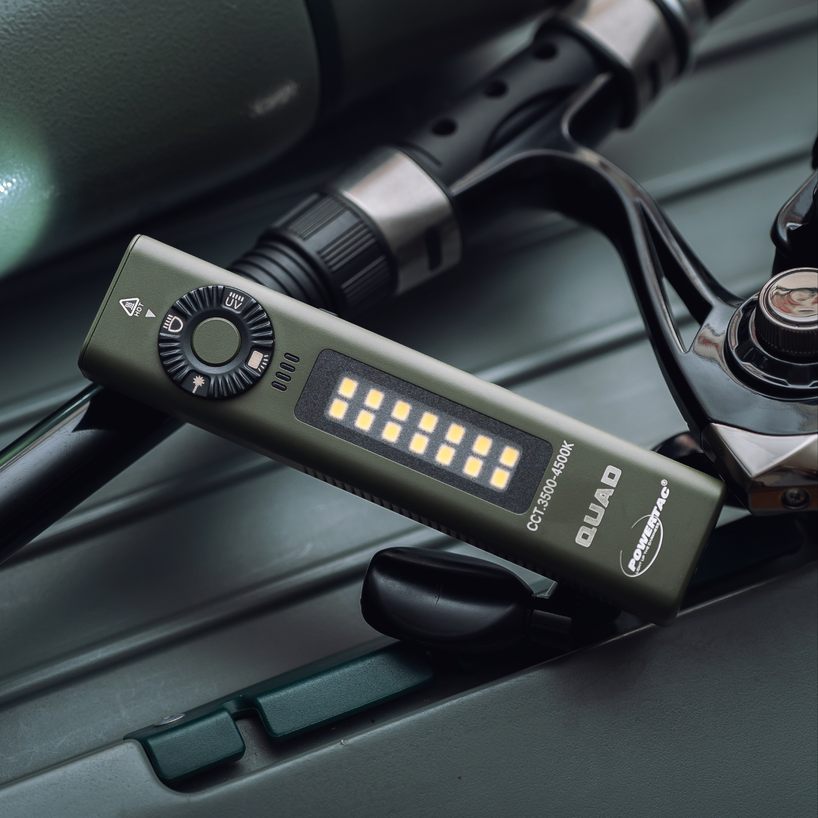 POWERTAC QUAD 2000 Lumen Flashlight | 4-in-1 Flat Design | USB-C Rechargeable | Green Laser + UV + Warm Side Light | Brightest Multi-Beam Tactical Light