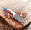 Custom Handmade Texas Flag Damascus Steel Hunting Knife with Exotic Wood-Bone Handle