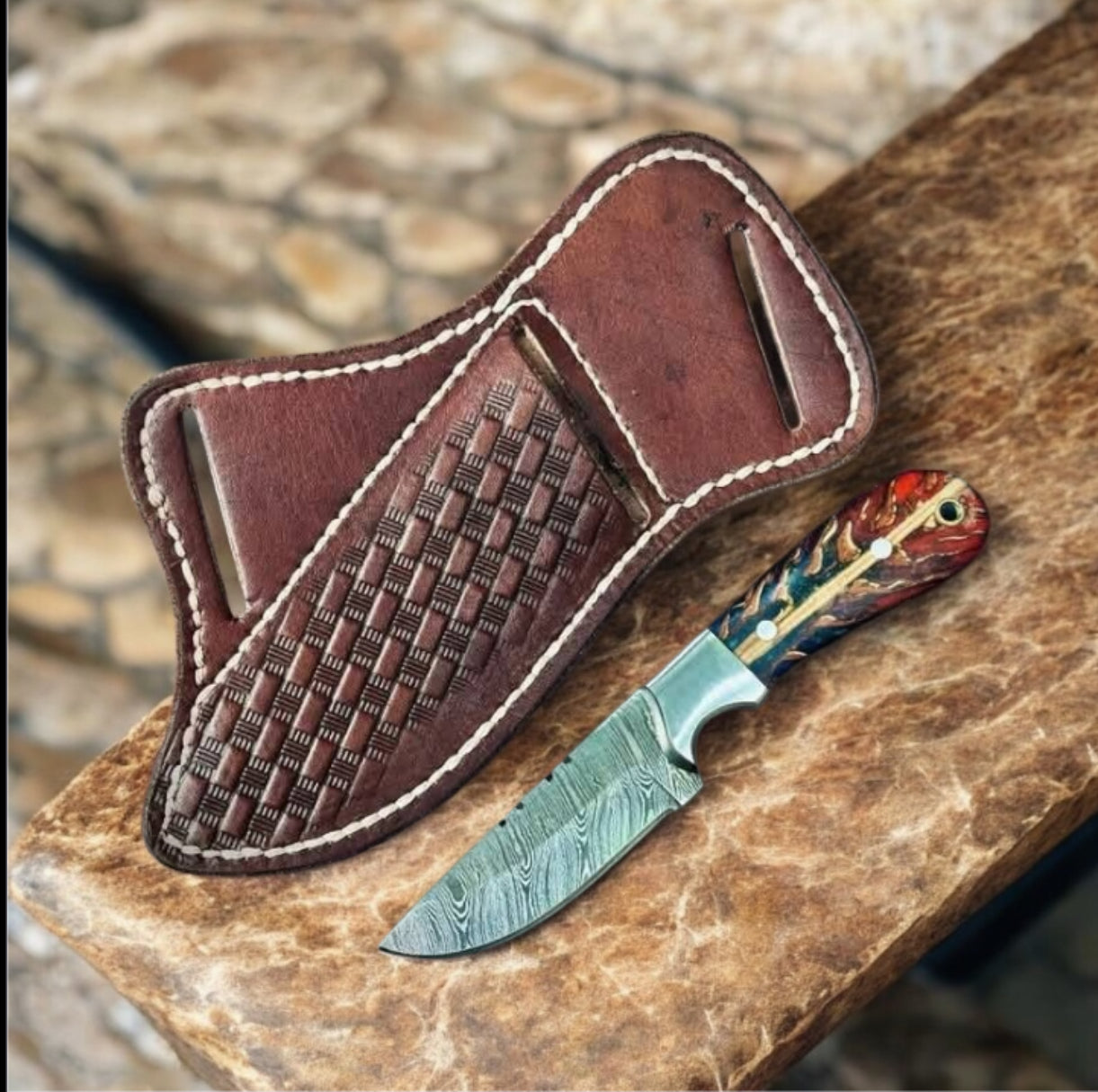Western Handcrafted Fixed Blade Knife – 9" Damascus Steel Outdoor Knife with Pine Cone Handle & Leather Sheath