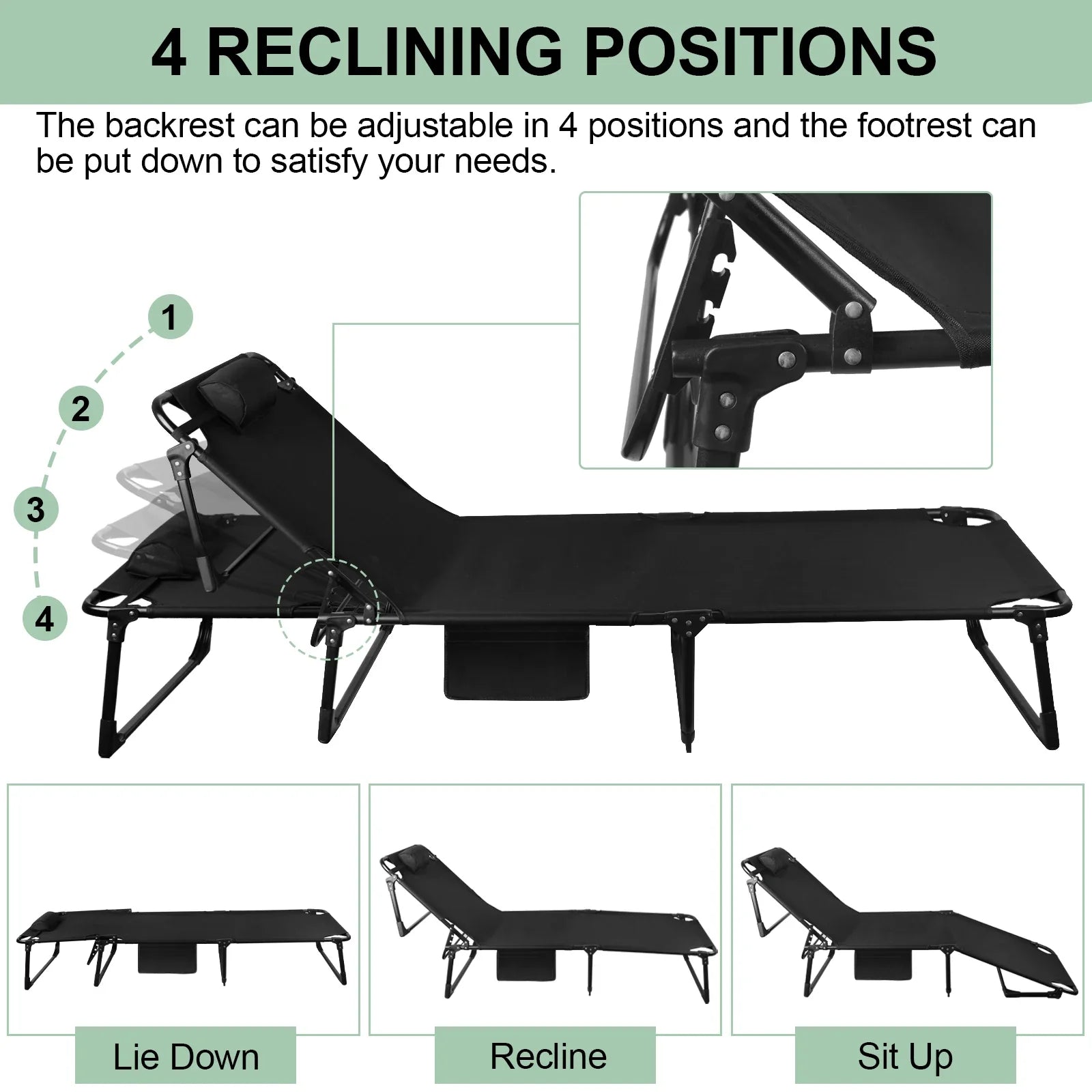 Portable Folding Camping Cot With Pillow And Three-Position Reclining Lounge