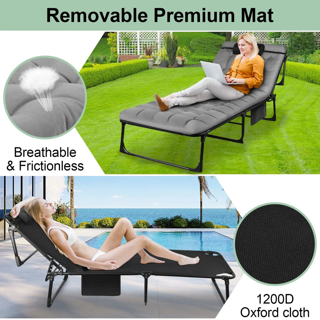 Portable Folding Camping Cot With Pillow And Three-Position Reclining Lounge