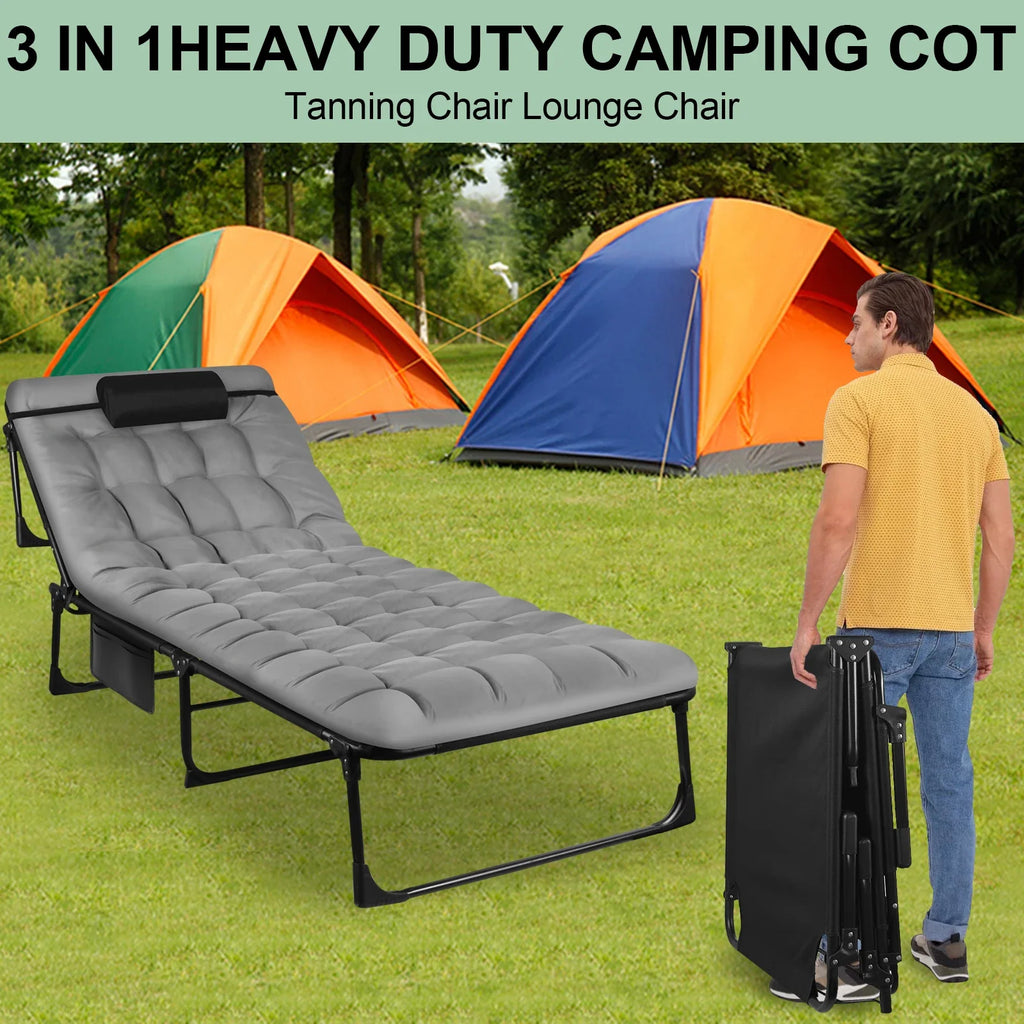 Portable Folding Camping Cot With Pillow And Three-Position Reclining Lounge