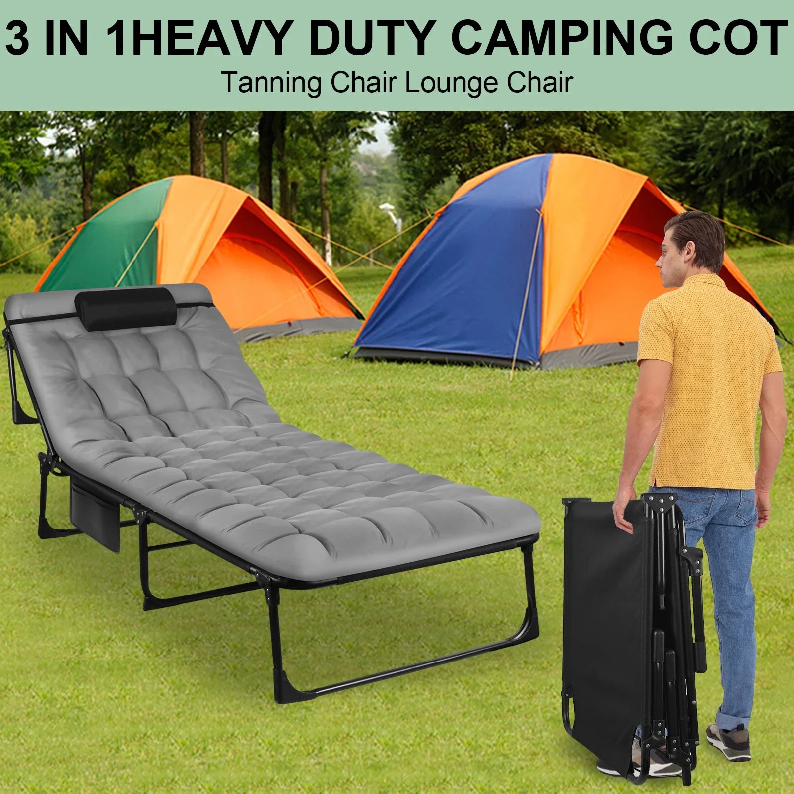 Portable Folding Camping Cot With Pillow And Three-Position Reclining Lounge