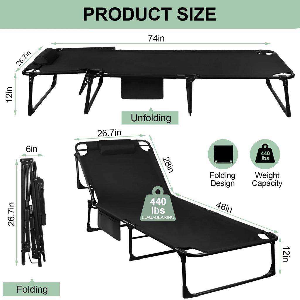 Portable Folding Camping Cot With Pillow And Three-Position Reclining Lounge
