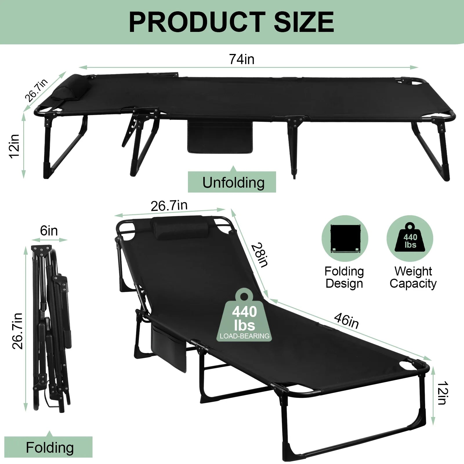 Portable Folding Camping Cot With Pillow And Three-Position Reclining Lounge