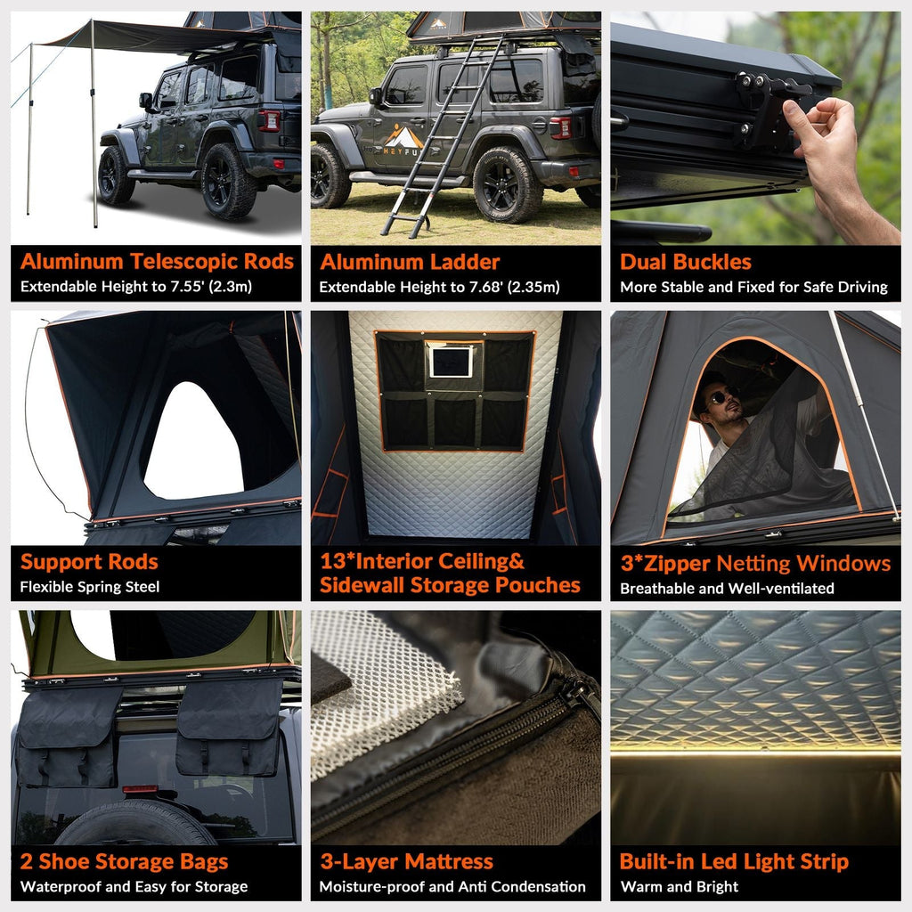 Explorer Plus Rooftop Tent Hardshell with Side Awning, Air Conditioner Outlet with Bracket, Luggage Racks&Replaceable Netting Rain Curtain, Truck Bed Tent for Camping, Pop Up SUV Roof Top Tent