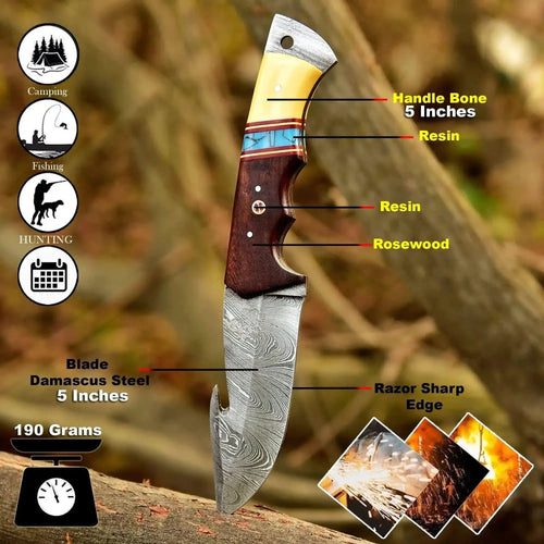 10-Inch Damascus Gut Hook Hunting Knife Bone, Turquoise Resin & Rosewood Handle