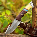 10-Inch Damascus Gut Hook Hunting Knife Bone, Turquoise Resin & Rosewood Handle