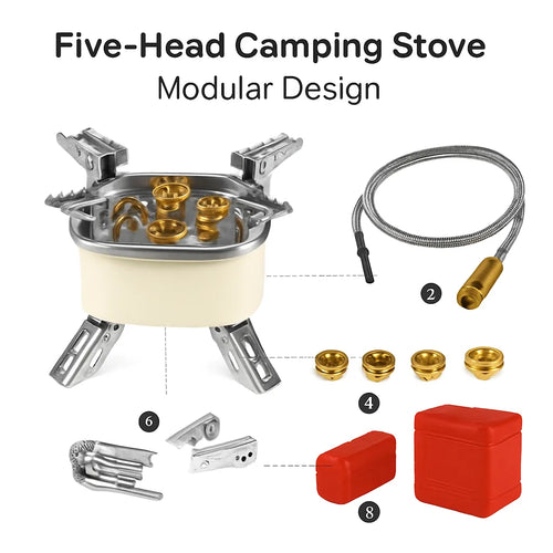 13000W Portable Windproof Camping Stove Five-head Gas Cooking Burner with Piezo Ignition Stepless Flame Control Fit For ISO-butane, Propane, Butane Fu