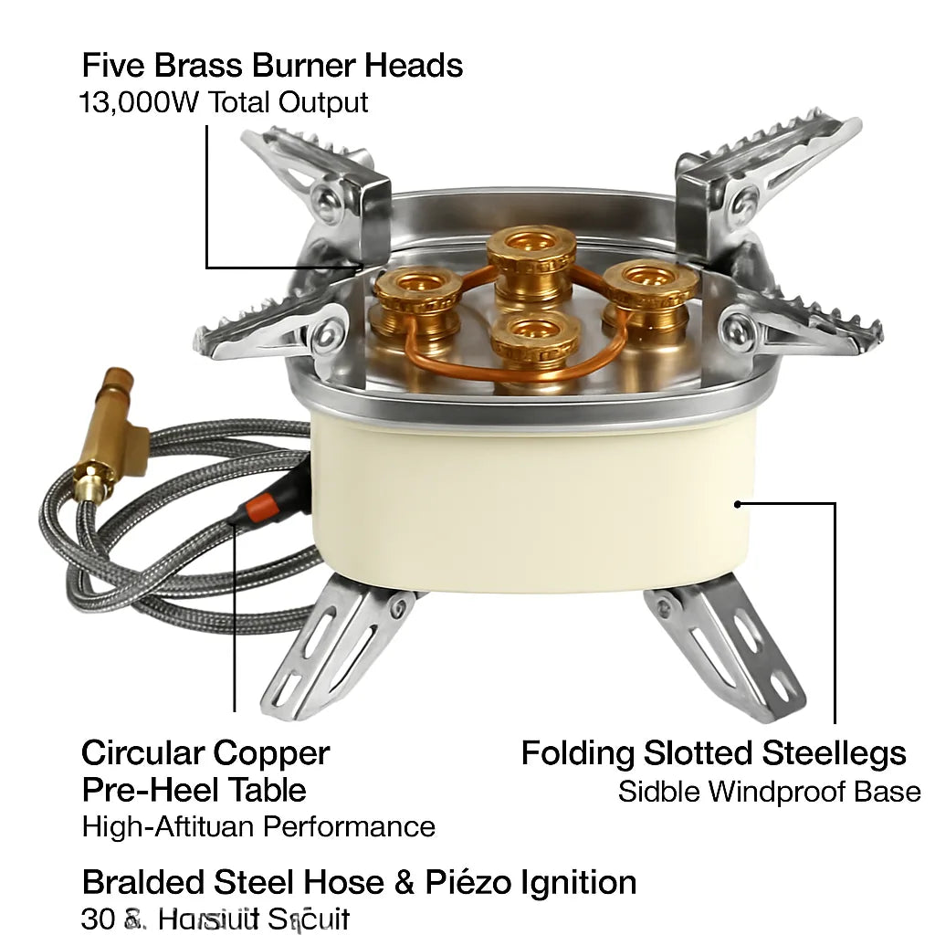 13000W Portable Windproof Camping Stove Five-head Gas Cooking Burner with Piezo Ignition Stepless Flame Control Fit For ISO-butane, Propane, Butane Fu